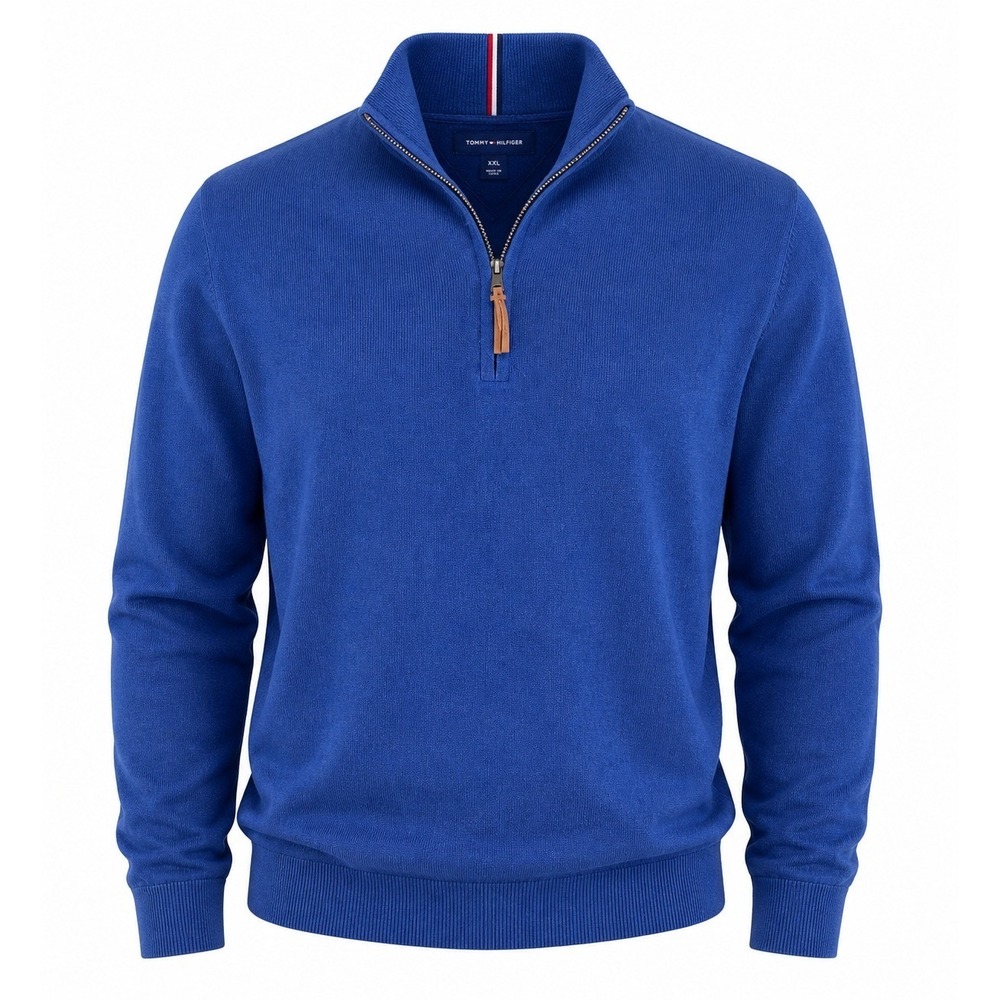 Tommy Hilfiger Mens XXL Royal Blue Cotton Quarter Zip Pullover Sweater Preppy